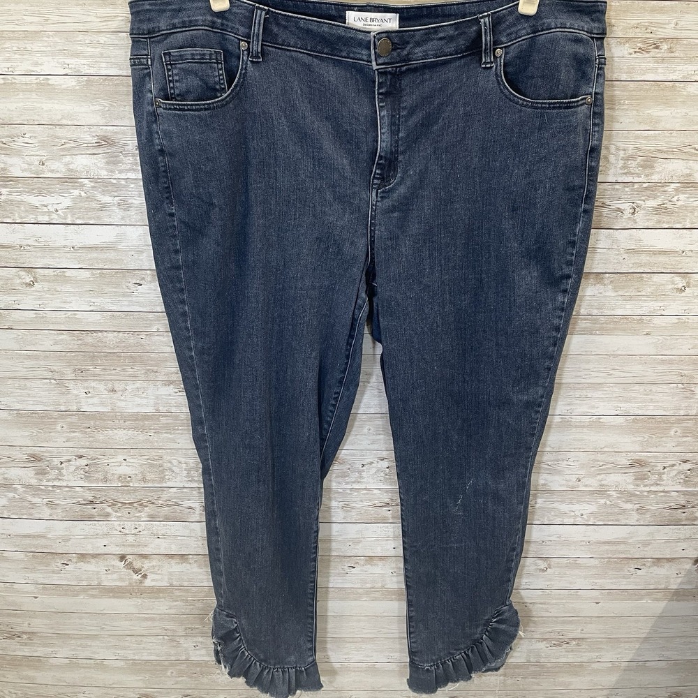 Lane Bryant Womens 24 Jeans Cropped Frayed Pleated‎ Hem Mid-Rise Super Stretch